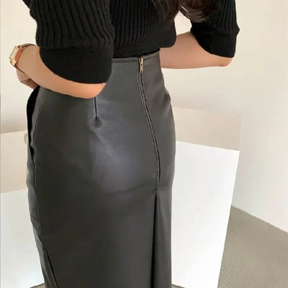 Fall Winter Chic Split Design Slim Straight Faux Leather Skirt