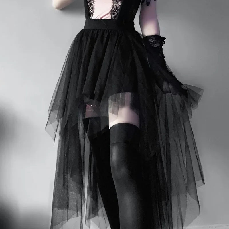 Fashion Net Yarn High-Waisted Irregular Gothic Summer Skirt