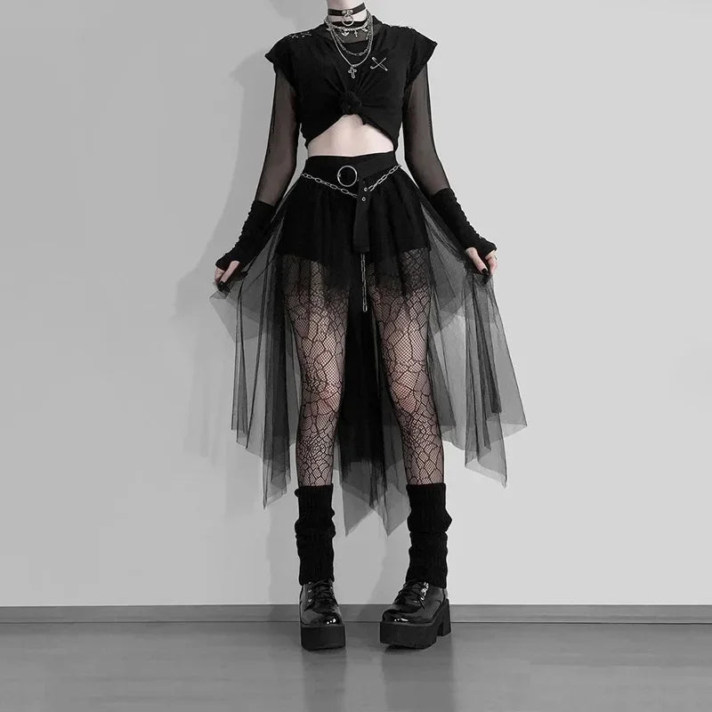 Fashion Net Yarn High-Waisted Irregular Gothic Summer Skirt