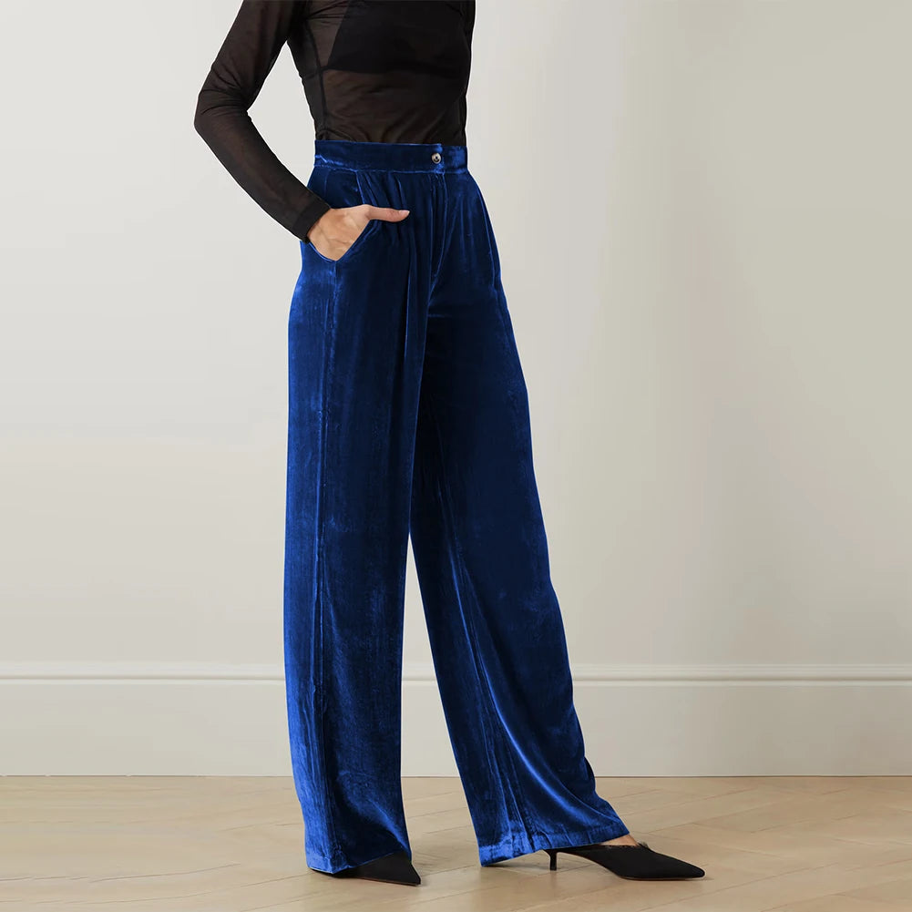 Long Flowy Elegant High Waisted Velvet Wide Leg Plus Size Winter Pants