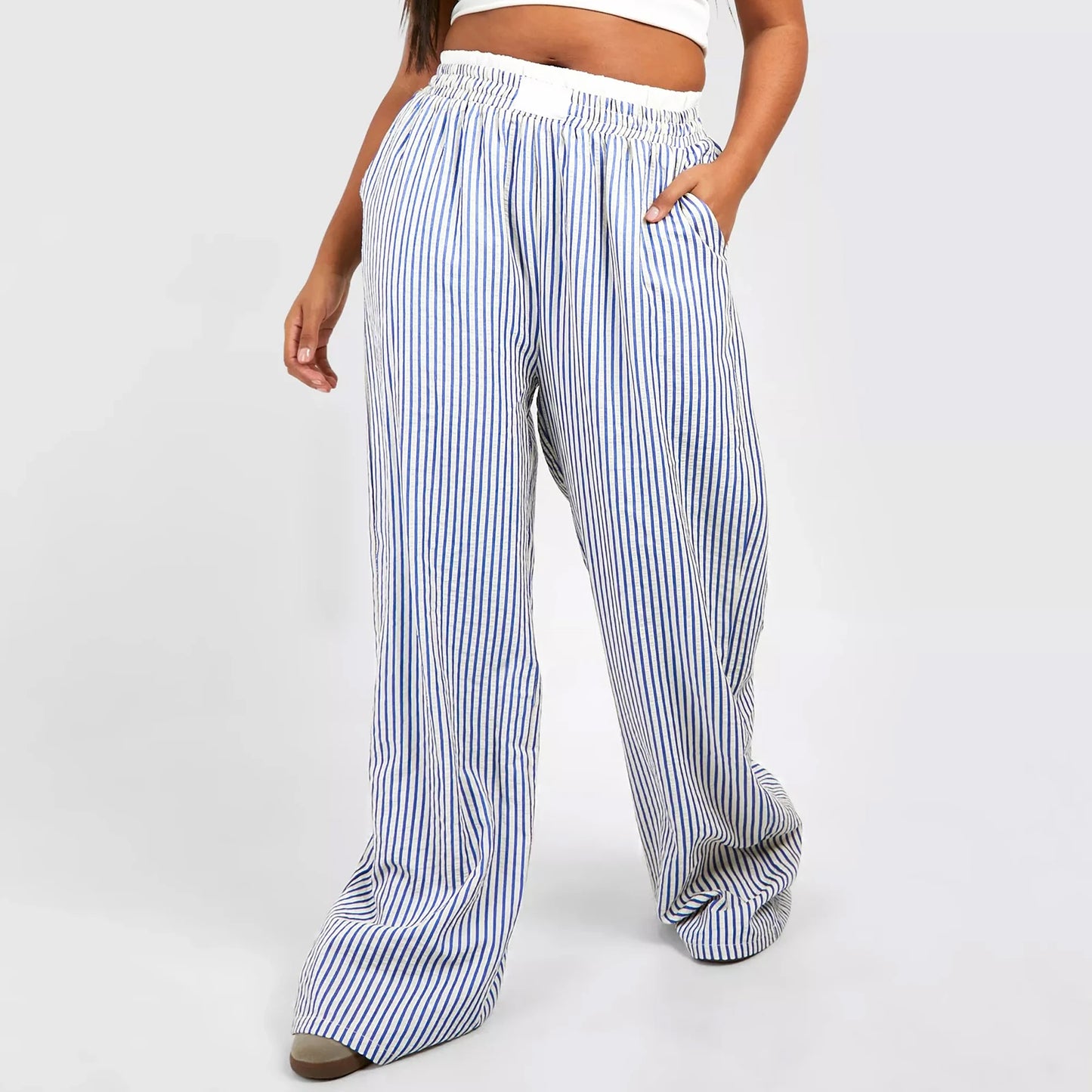 Fashion Stripes Elastic Waist Straight Wide Leg Casual Loose Fit Going Out Pants