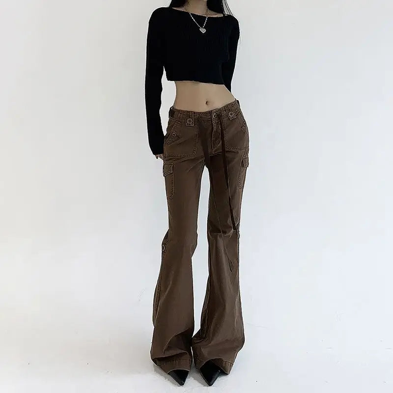 Button Ribbon Low Rise Streetwear Y2K Aesthetic Vintage Brown Jean