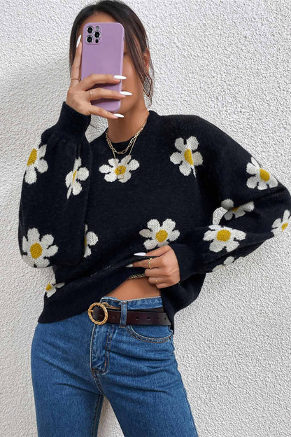 Floral Embroidery Crew Neck Sweater