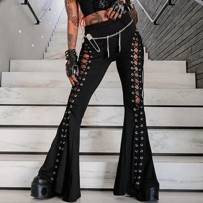 Goth Hollow Dark Black Streetwear Bandage Grunge Flare Pants Pants