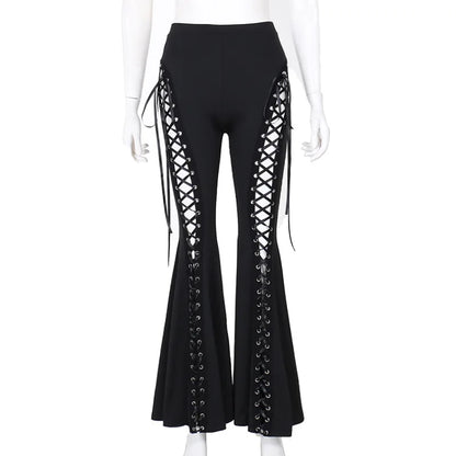 Goth Hollow Dark Black Streetwear Bandage Grunge Flare Pants Pants