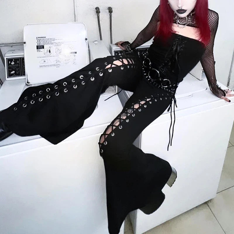 Goth Hollow Dark Black Streetwear Bandage Grunge Flare Pants Pants