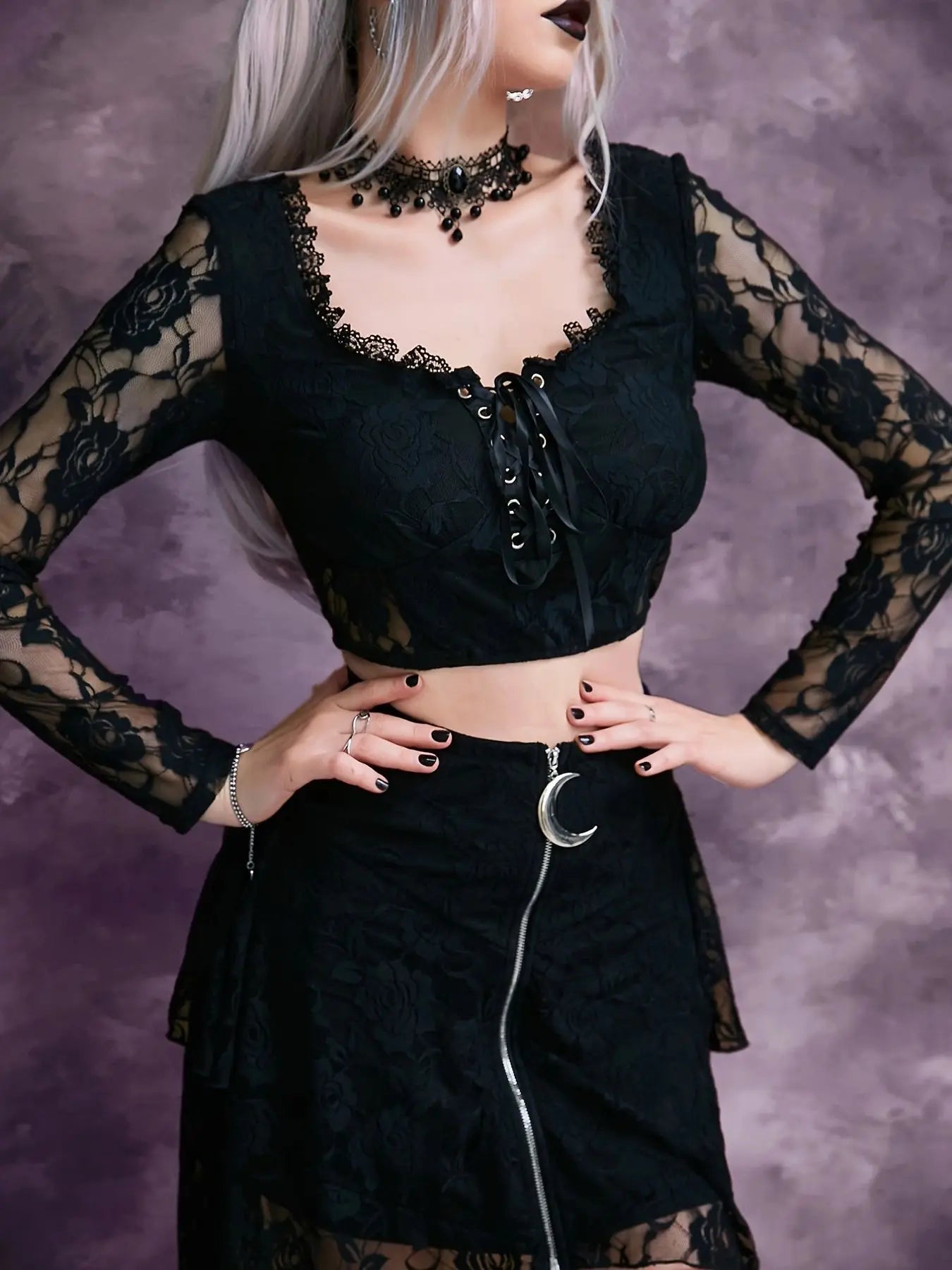 Gothic Dark Mesh Lace Punk Bandage Aesthetic V-neck Sexy Slim Crop Top