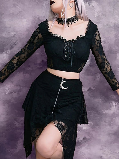 Gothic Dark Mesh Patchwork Lace Trim V-Neck Crop Top