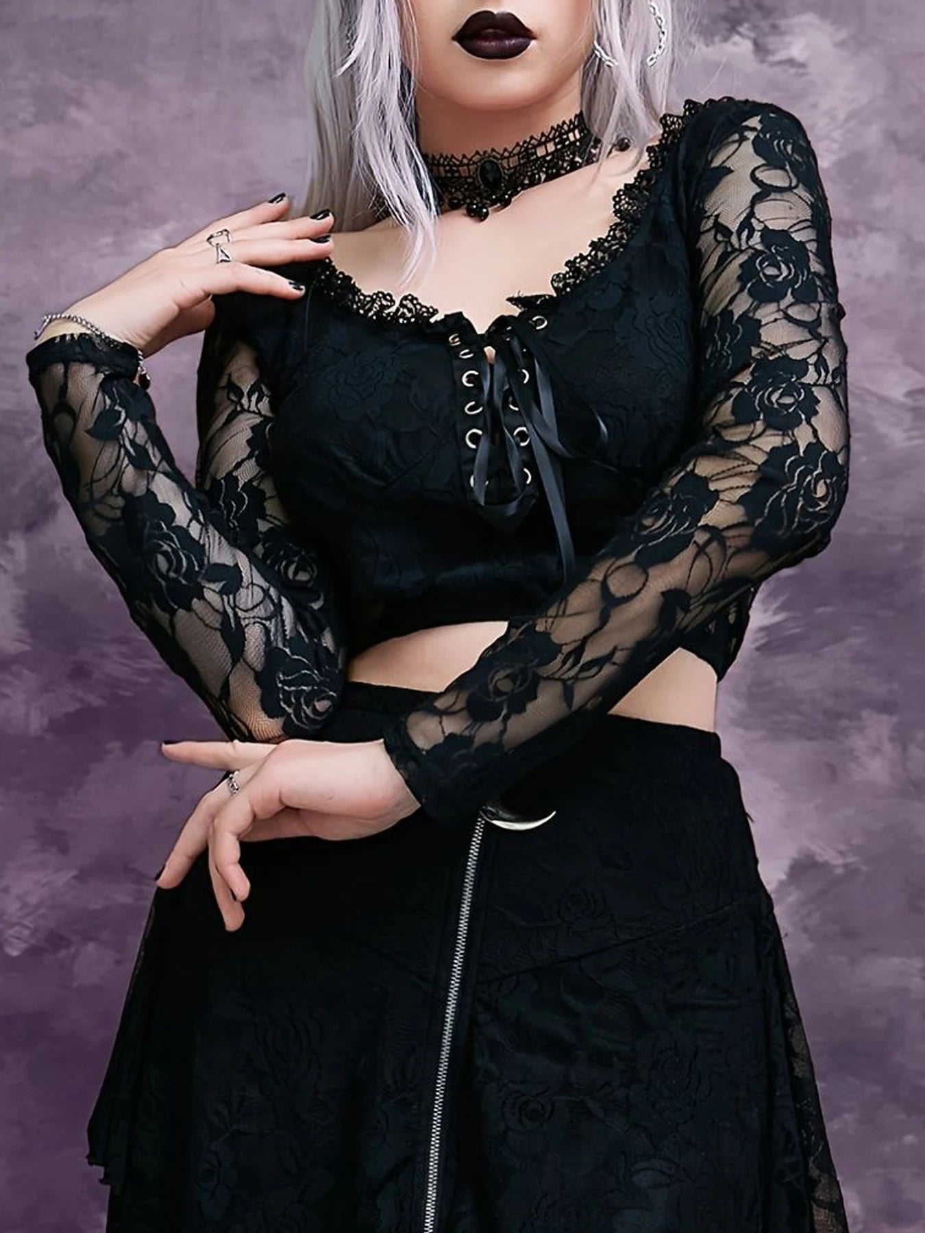 Gothic Dark Mesh Patchwork Lace Trim V-Neck Crop Top