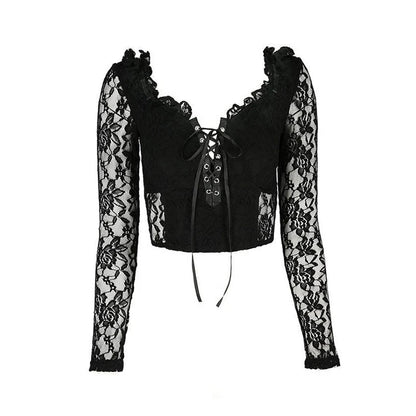 Gothic Dark Mesh Lace Punk Bandage Aesthetic V-neck Sexy Slim Crop Top