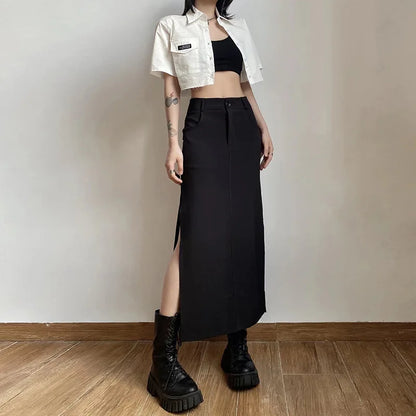 Goth Cargo Y2k High Gothic Midi Black Sexy Split Grunge Waist Dark Streetwear Skirt