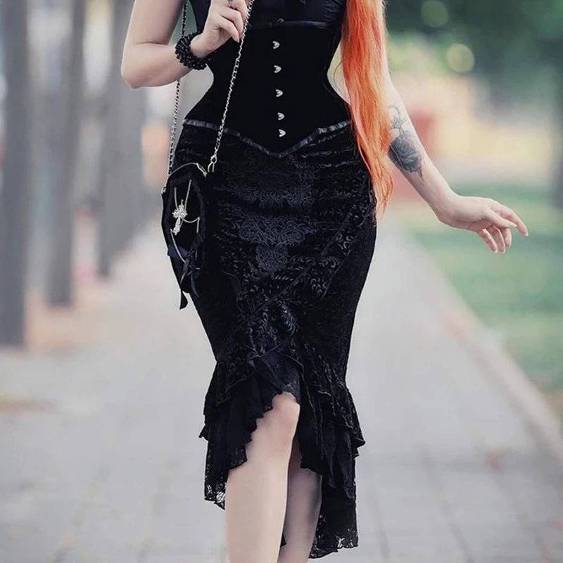 Gothic Dark Vintage Ruffles Mermaid Grunge Punk Midi Skirt