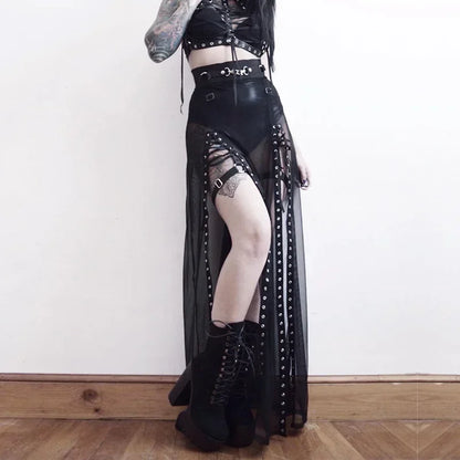 Goth Mesh Lace Aesthetical Summer Up Perspective Slit Side Dark Skirt