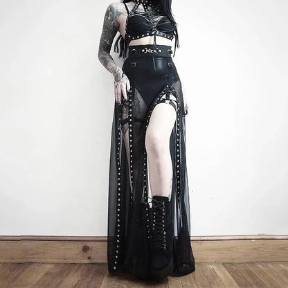 Goth Mesh Lace Aesthetical Summer Up Perspective Slit Side Dark Skirt