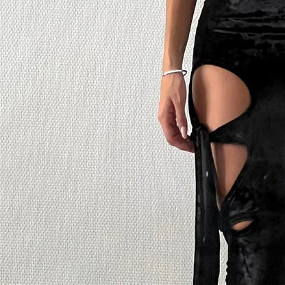 Gothic Black Velvet High Waist Hollow Out Pant