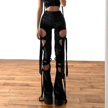 Gothic Black Velvet High Waist Hollow Out Pant