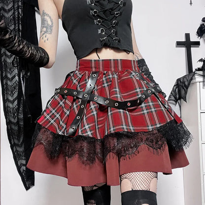 Gothic Young Girls Kawaii Outfit Y2k Harajuku Plaid Sweet Pleated Lace Skirt