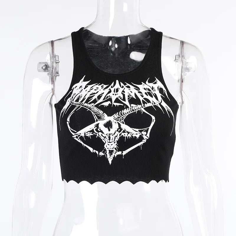 Gothic Black Grunge Knitted Print Crop Punk Goat Top