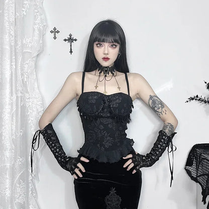 Gothic Retro Sexy Grunge Crop Backless Pendant Bead Jacquard Top