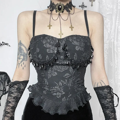 Gothic Retro Sexy Grunge Crop Backless Pendant Bead Jacquard Top