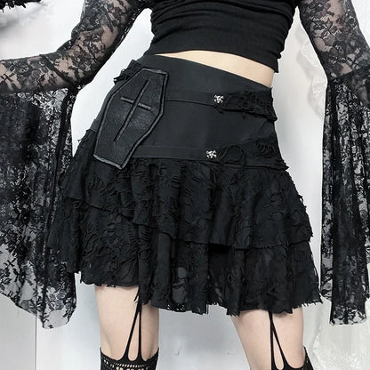 Gothic Summer Ripped Hole Versatile Sexy Lace Cake Skirt