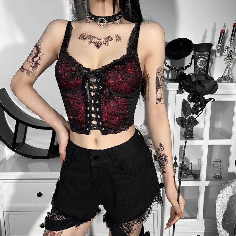 Gothic Style Lace Backless Strappy Summer Vest Crop top