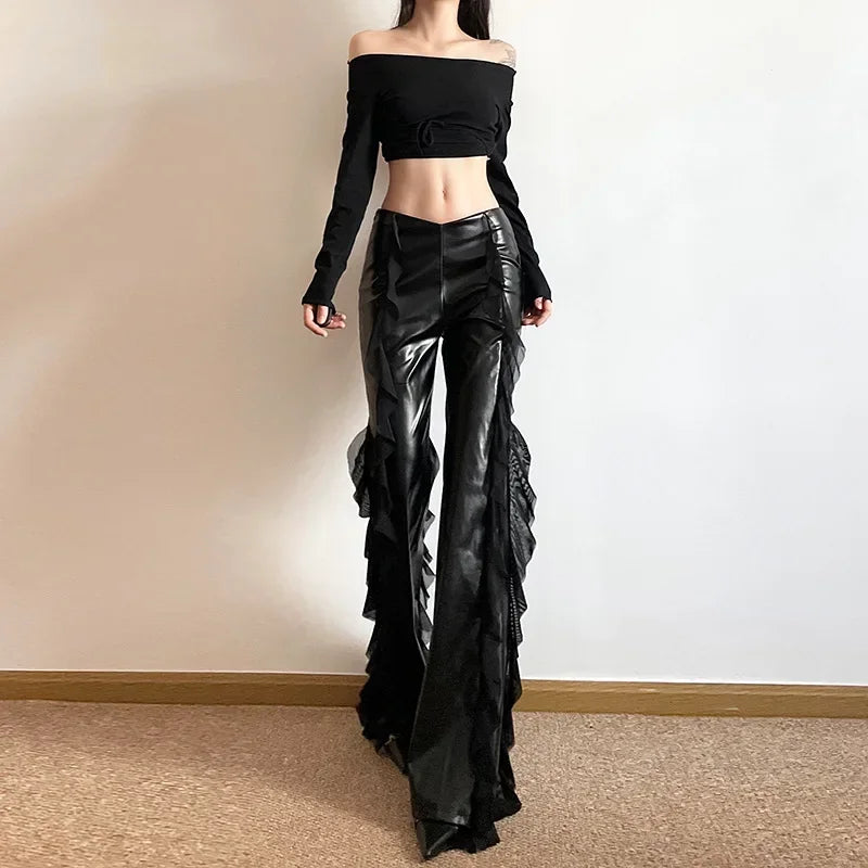 Gothic PU Flare Women Faux Casual Pants Zip Mesh Pants