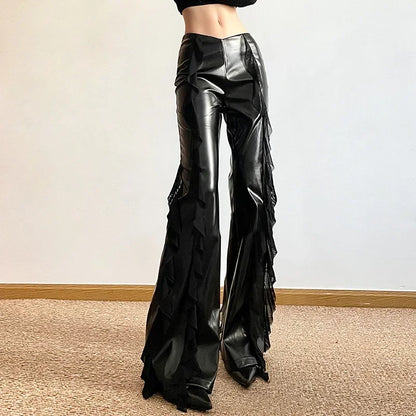 Gothic PU Flare Women Faux Casual Pants Zip Mesh Pants