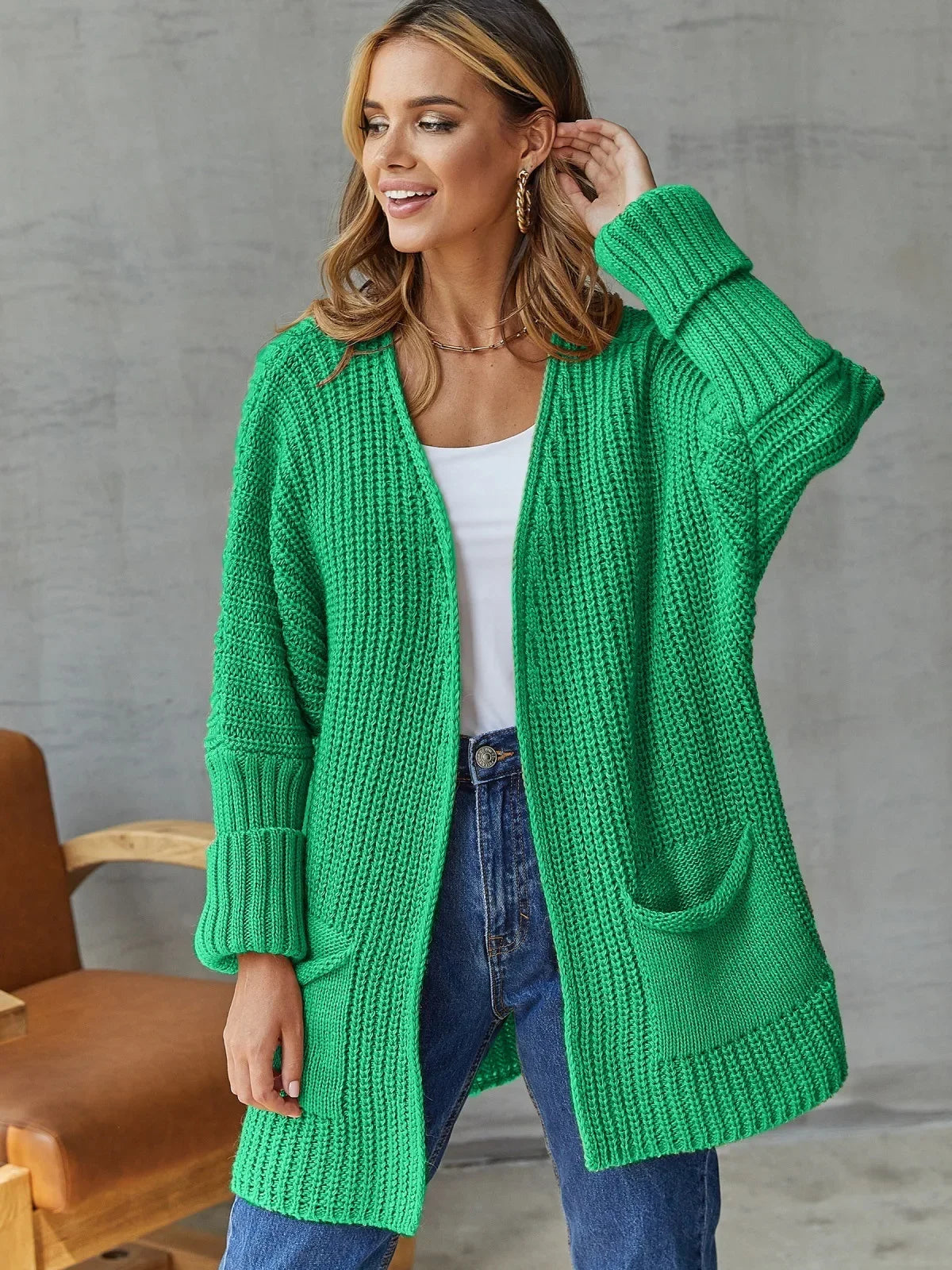 Green Knit Loose Heart Pocket Maxi Long Spring Autumn Winter Coats