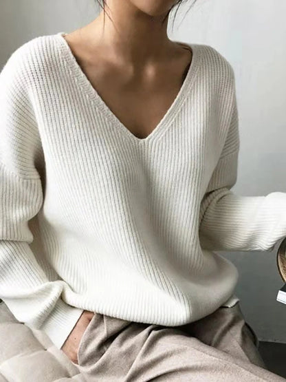 Soft Warm Casual Elegant Comfortable Cozy Fleece Knitted V-Neck Long Sleeve Sweater