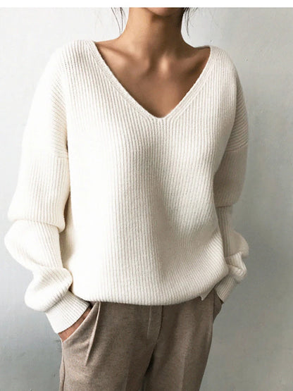 Soft Warm Casual Elegant Comfortable Cozy Fleece Knitted V-Neck Long Sleeve Sweater