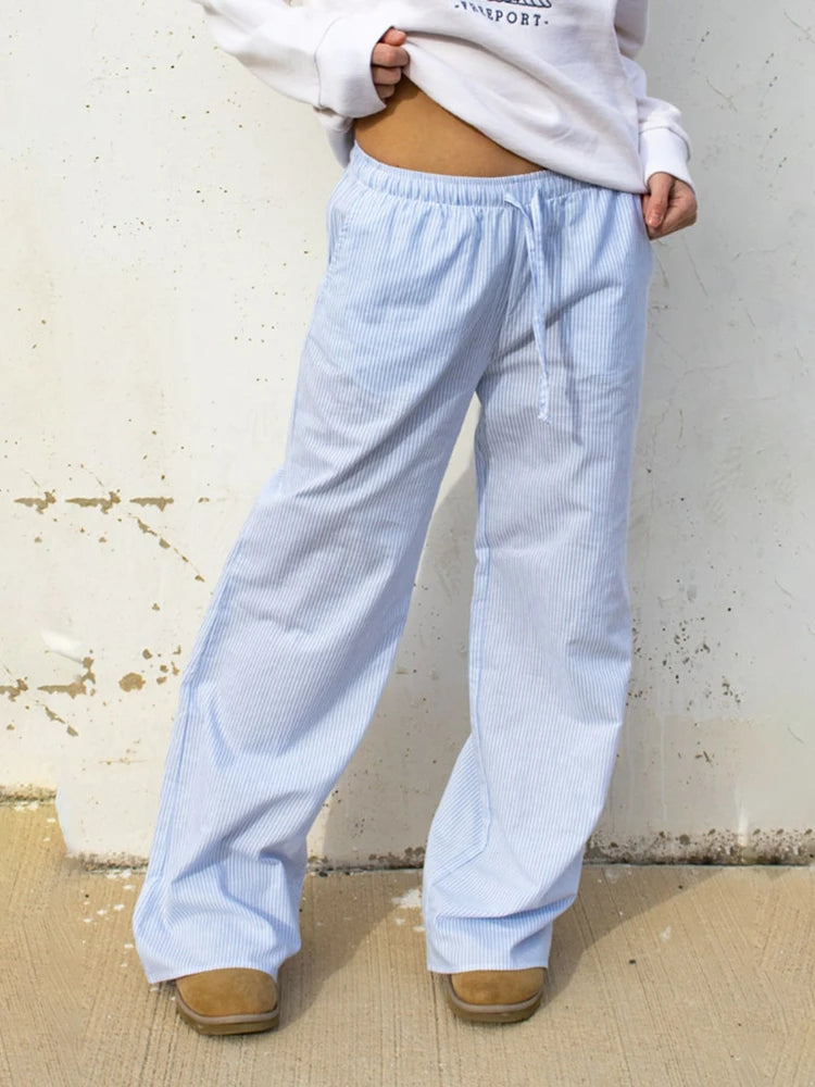 Casual Blue High Waist Wide Leg Oversized Korean Style Spring Pants