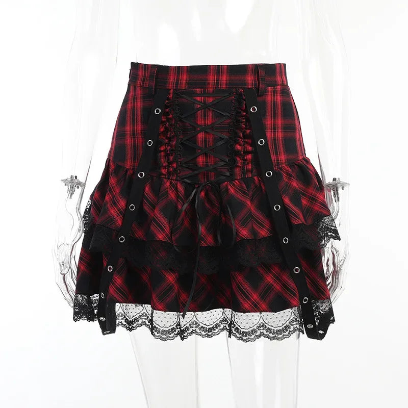 Harajuku Waist Japanese Plaided Mini Lolita Gothic Fashion Plaid High Streetwear Girl Sets Skirt