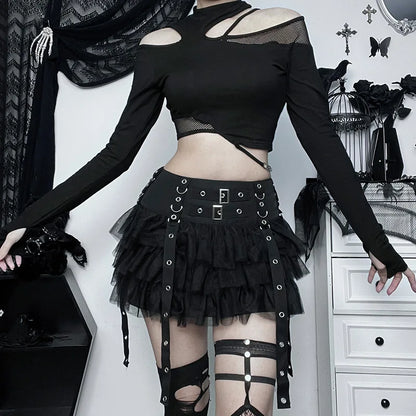 Harajuku Women Patchwork Dark E-girl Hop Ribbons Hip Gothic Mesh Eyelet CyberY2k Streetwear Cake Skirt