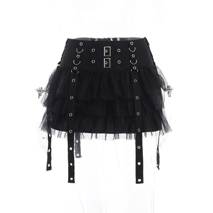 Harajuku Women Patchwork Dark E-girl Hop Ribbons Hip Gothic Mesh Eyelet CyberY2k Streetwear Cake Skirt