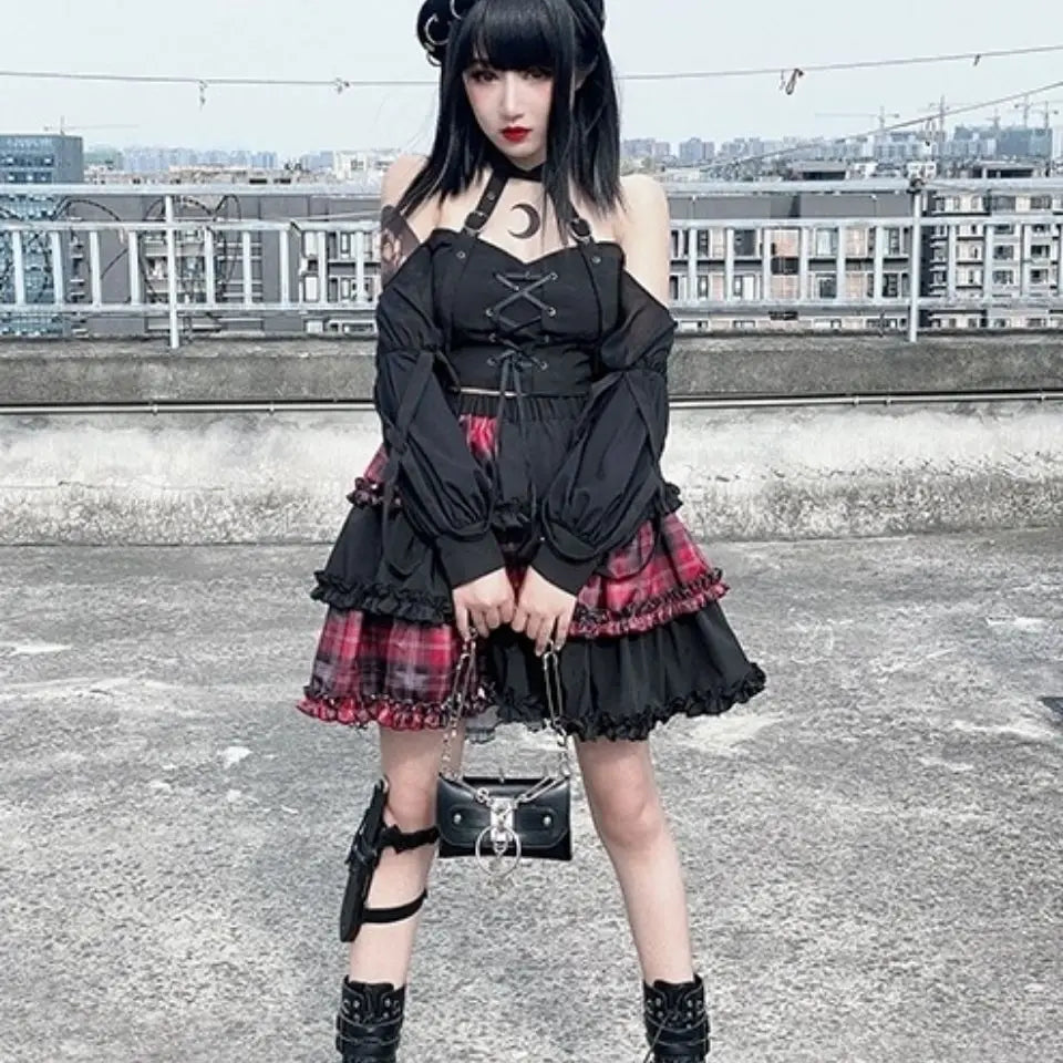 Harajuku Stitching Rock High Spice Red Girl Cosplay A-line Two-dimensional Petticoat Waist Plaid Dark Skirt