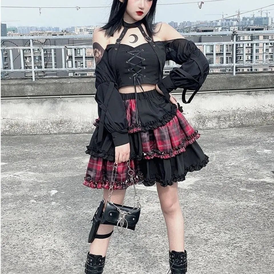 Harajuku Stitching Rock High Spice Red Girl Cosplay A-line Two-dimensional Petticoat Waist Plaid Dark Skirt