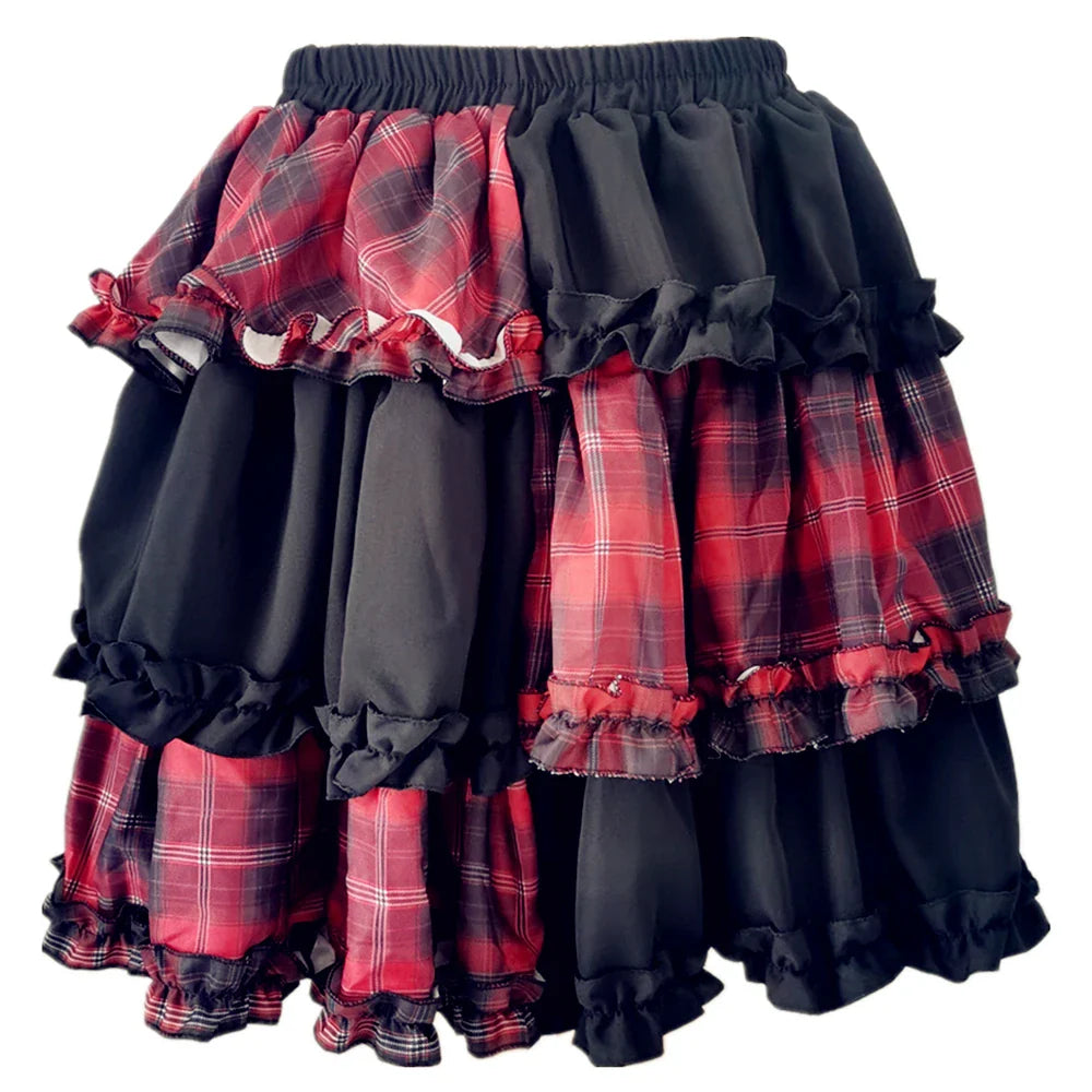 Harajuku Stitching Rock High Spice Red Girl Cosplay A-line Two-dimensional Petticoat Waist Plaid Dark Skirt