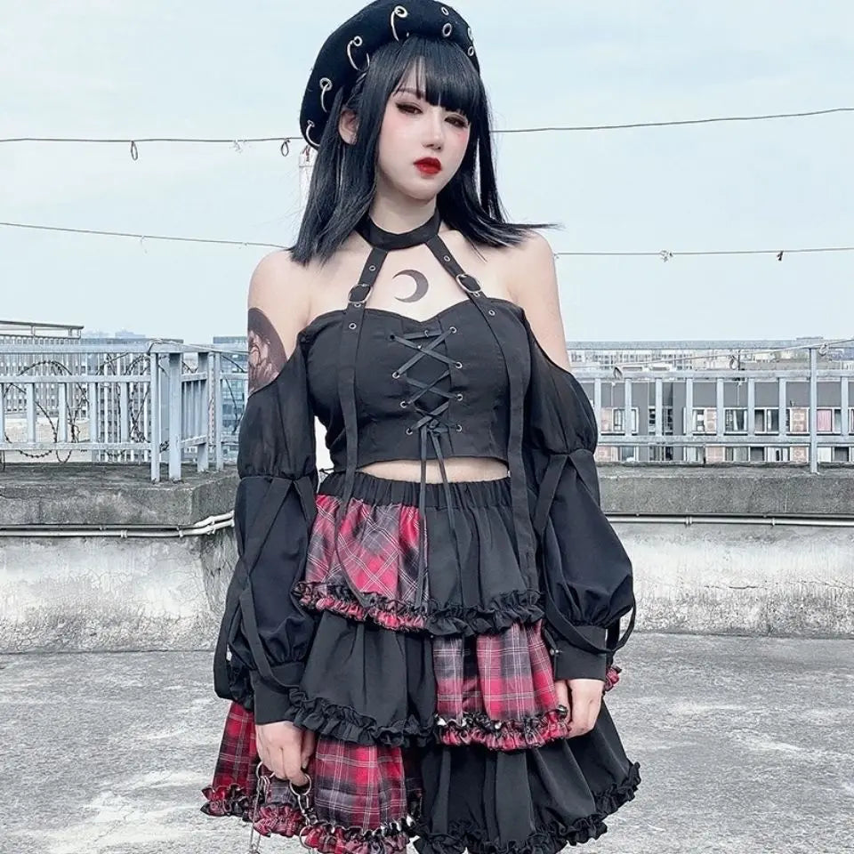 Harajuku Stitching Rock High Spice Red Girl Cosplay A-line Two-dimensional Petticoat Waist Plaid Dark Skirt