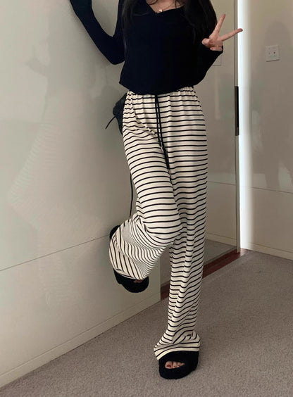 High Quality Cool Cotton Striped Casual Spring Summer High Waist Pants