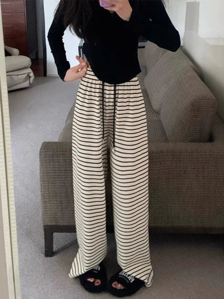 High Quality Cool Cotton Striped Casual Spring Summer High Waist Pants