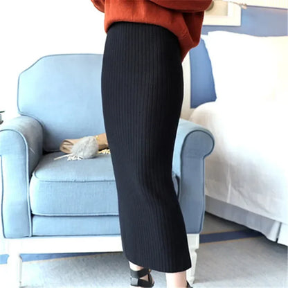 High Quality Autumn Winter Slim Belted Knitted Wool Midi Pencil Skirt