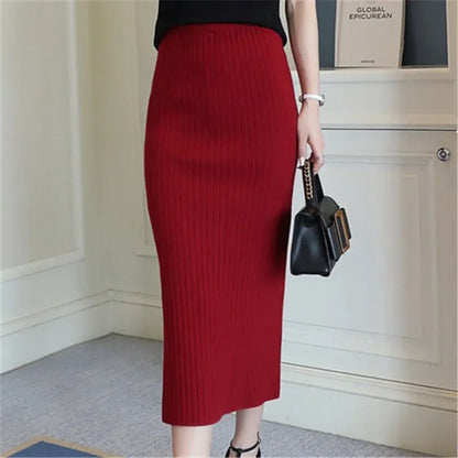 High Quality Autumn Winter Slim Belted Knitted Wool Midi Pencil Skirt