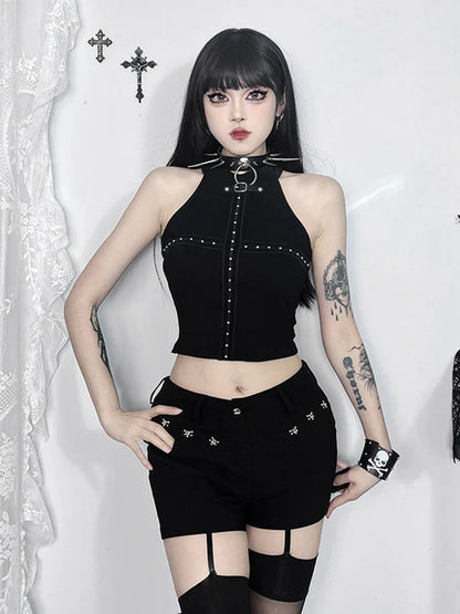 Gothic Halter Knit Sleeveless Sexy Summer Black Darkness Bodycon Crop Harajuku Punk Top