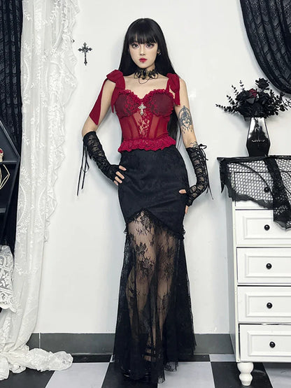 Gothic Adjustable Lace Mesh Floral Corset Strap V Crop Neck Camisole Top