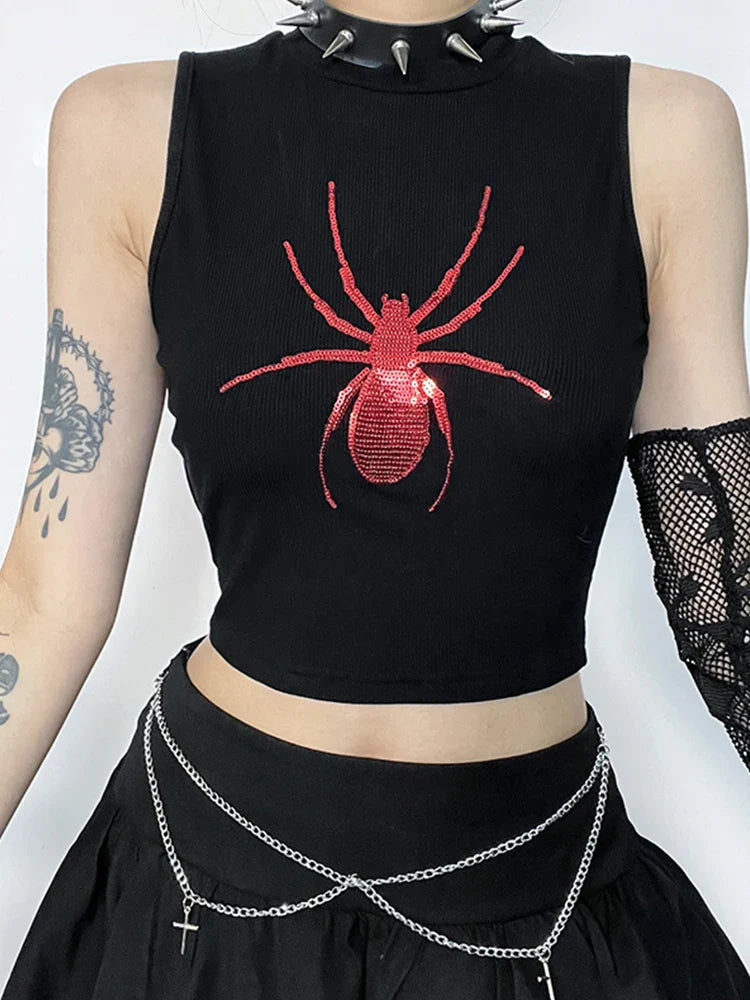 Gothic Print Alt Graphic Punk Crop Sleeveless Spider Top