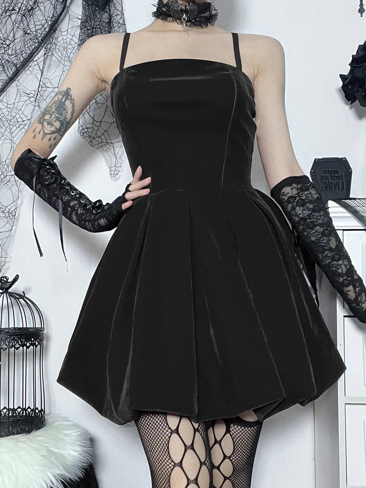 Gothic Velvet Shirring High Waist Solid Spaghetti Straps A Line Mini Dress