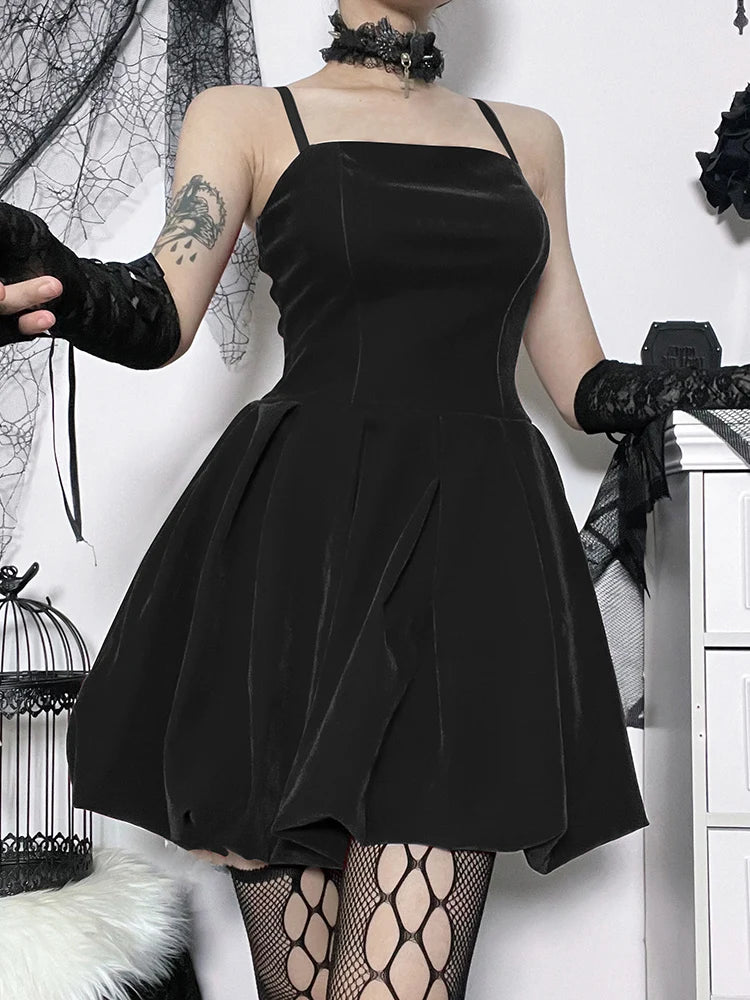 Gothic Velvet Shirring High Waist Solid Spaghetti Straps A Line Mini Dress