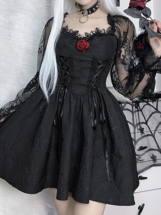 Grunge A-Line Sexy Jacquard Waist Sleeve Dark Party Lolita Lace Harajuku Vintage Gothic High Frock