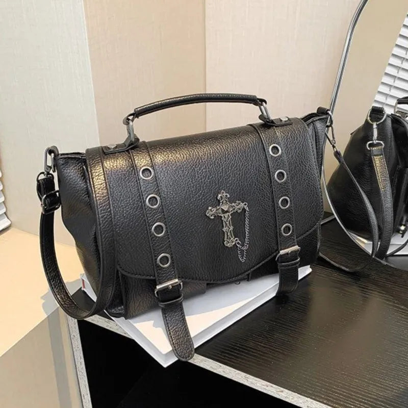 Retro Leather Crossbody Cross Black Y2K Messenger Casual Dark Gothic Shoulder Bag